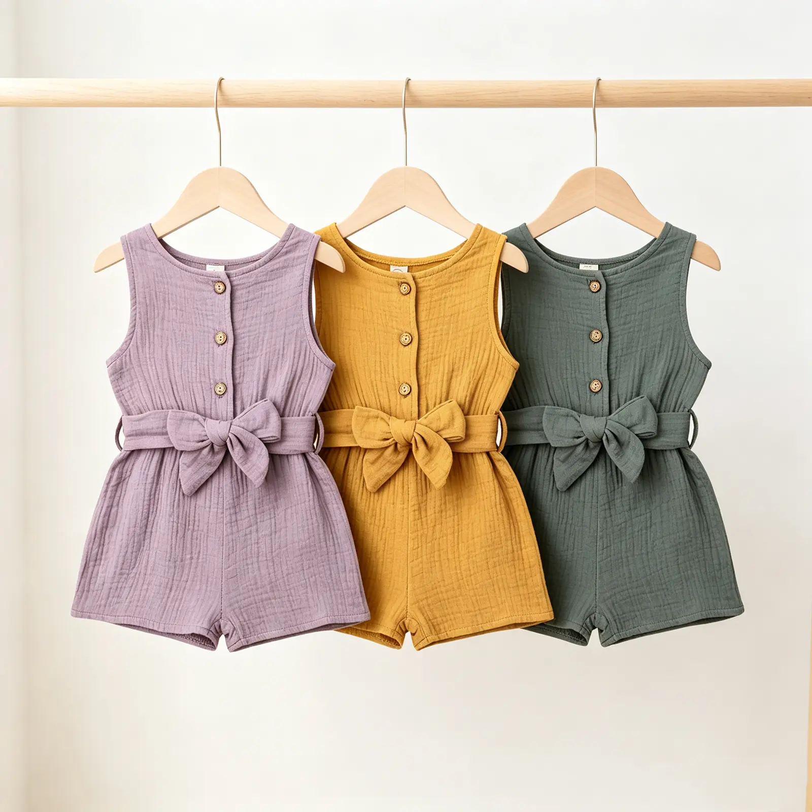 Baby Summer Jumpsuit with Removable Waist Belt, Solid Color Sleeveless Round Neck Loose Romper, Button-Down Ribbed Jumpsuit