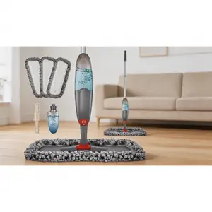 Microfiber spray floor mop for wet and dry cleaning. Compatible with hardwood, laminate and tile floors, equipped with 3 replacement mop pads and a 635ml water bottle.  SURE