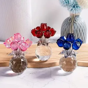 Handcrafted Artificial Crystal Rose Figurine with Vase, Elegant Home & Table Decor for Valentine's Day, Perfect Gift for Wife or Girlfriend