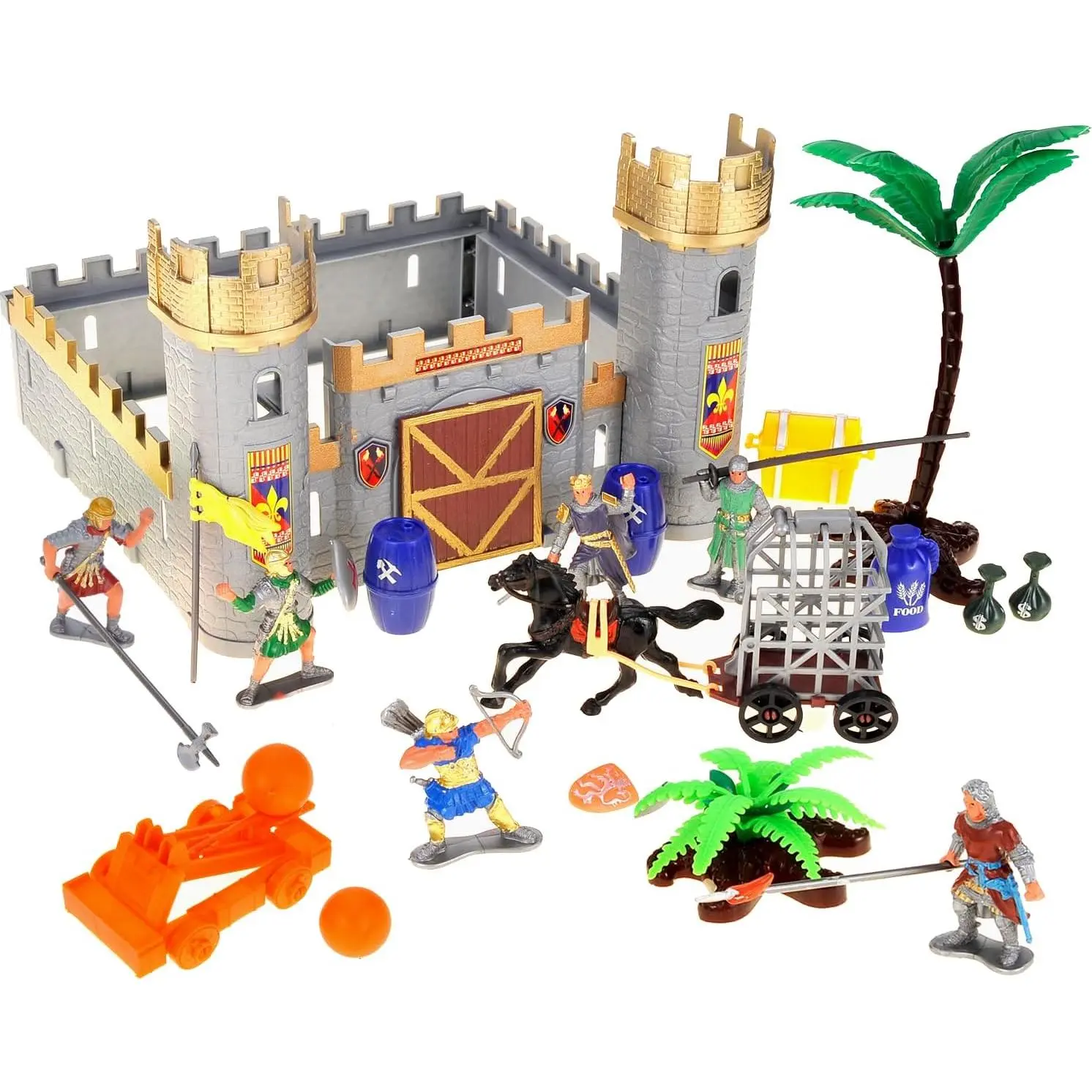 Medieval Castle Figure Knights Kingdom Castle Playset Action Figure Toy Army Castle Toy w/ Figurines, Catapult, Accessories in Storage Bucket