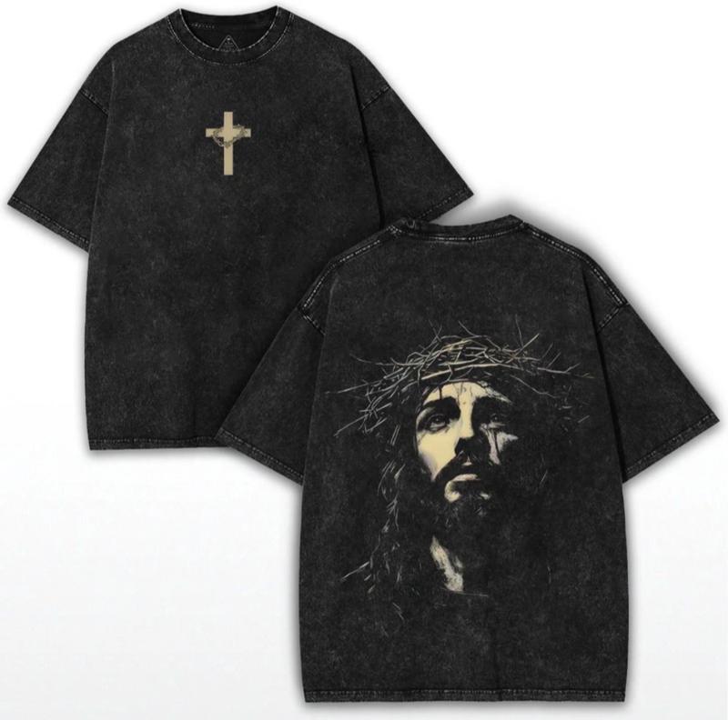 Jesus Thorn Crown Wash Pattern T-shirt - Retro Christian Faith Street Wear Oversized T-shirt, Religious Pattern T-shirt, Faith Clothing, Valentine's Day Gift Round Neck Hoodie Hoodie Suitable for Gift Giving