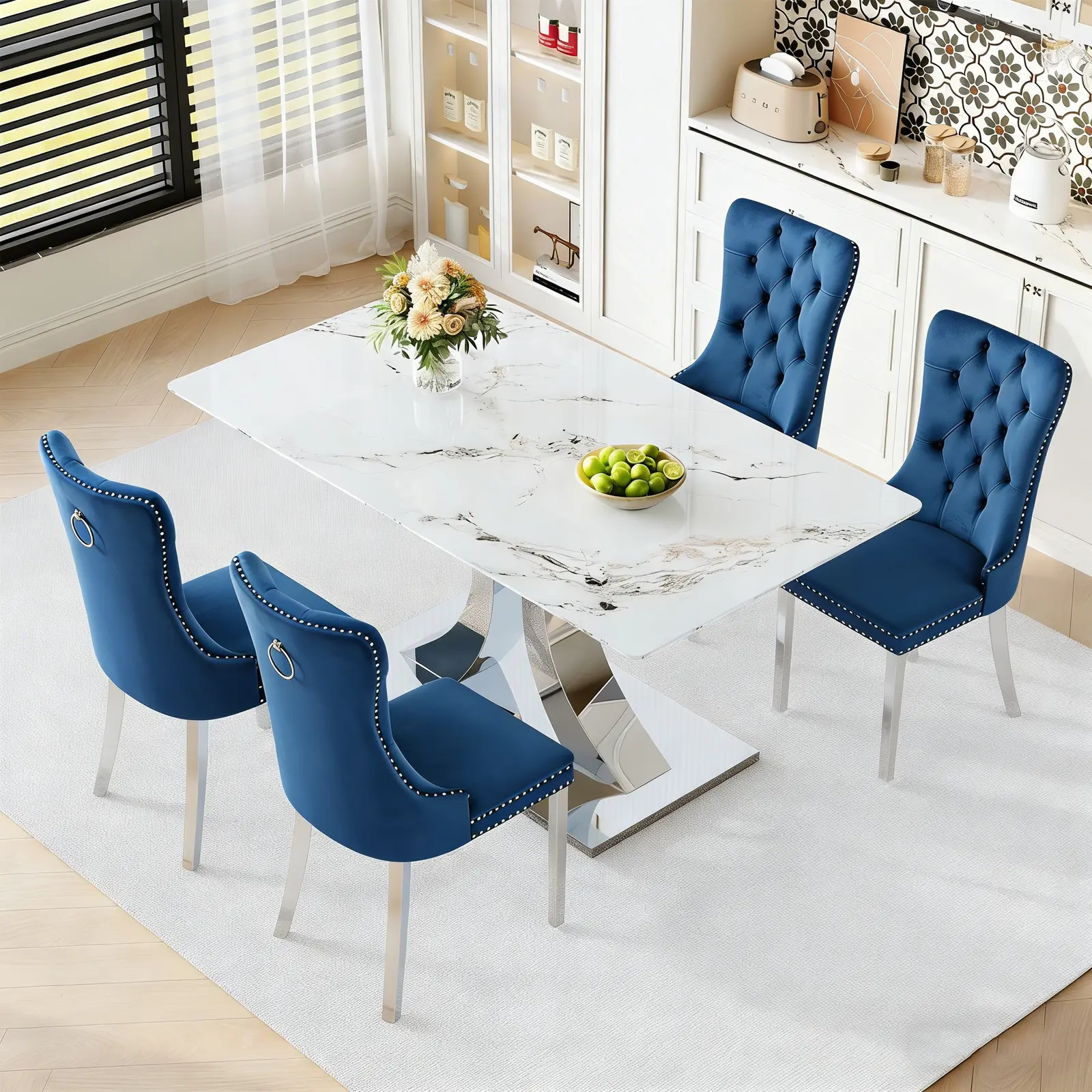 1 Table+4 Blue Silver Metal Chairs