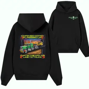 Chained Down Flagged Up Hoodie, Heavy Haul Semi Truck Graphic Sweatshirt, Unisex Trucker Hoodie for Men & Women, Classic Diesel Power Street Style Outfit