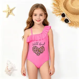 Girls One-Shoulder Ruffle Swimsuit, Cute Leopard Heart Print One-Piece Bathing Suit for Kids, Quick Dry Beach Swimwear, Toddler Girl Summer Pool Party Swimwear, Fashion Kids Beachwear