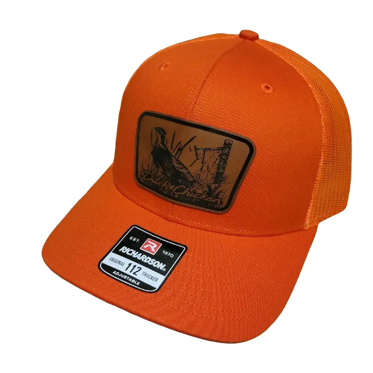 Richardson Ditch Chicken Grouse Hunting Trucker Hat - Model 112, Stylish Accessory, Classic Orange, Mesh Back, Adjustable Fit, Hats, Baseball Cap, Brown/Tan, Black/White