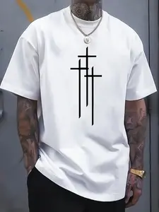 A Casual Short-Sleeved T-Shirt for Plus-Size Men, Crafted from 100% Pure . This Breathable Top Features a Easy Cross Pattern, Making It Ideal for Street Fashion. It'S Comfortable for Year-Round Wear, Machine Washable, And Suitable for Everyday Use