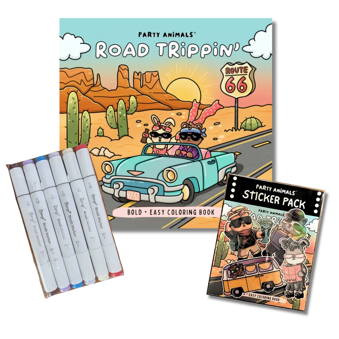 Party Animals Bundles  |  Party Packs: Coloring Book + Bianyo Alcohol Markers (6-Pack) + Sticker Pack | Bundle & Save
