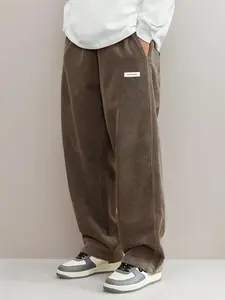 Men's Letter Patched Pocket Corduroy Pants, Loose Casual Fit Comfy Elastic Waist Straight Leg Trousers for Spring & Fall, Work Pants Men, Streetwear, Woven Bottoms for Men Sweats Collective