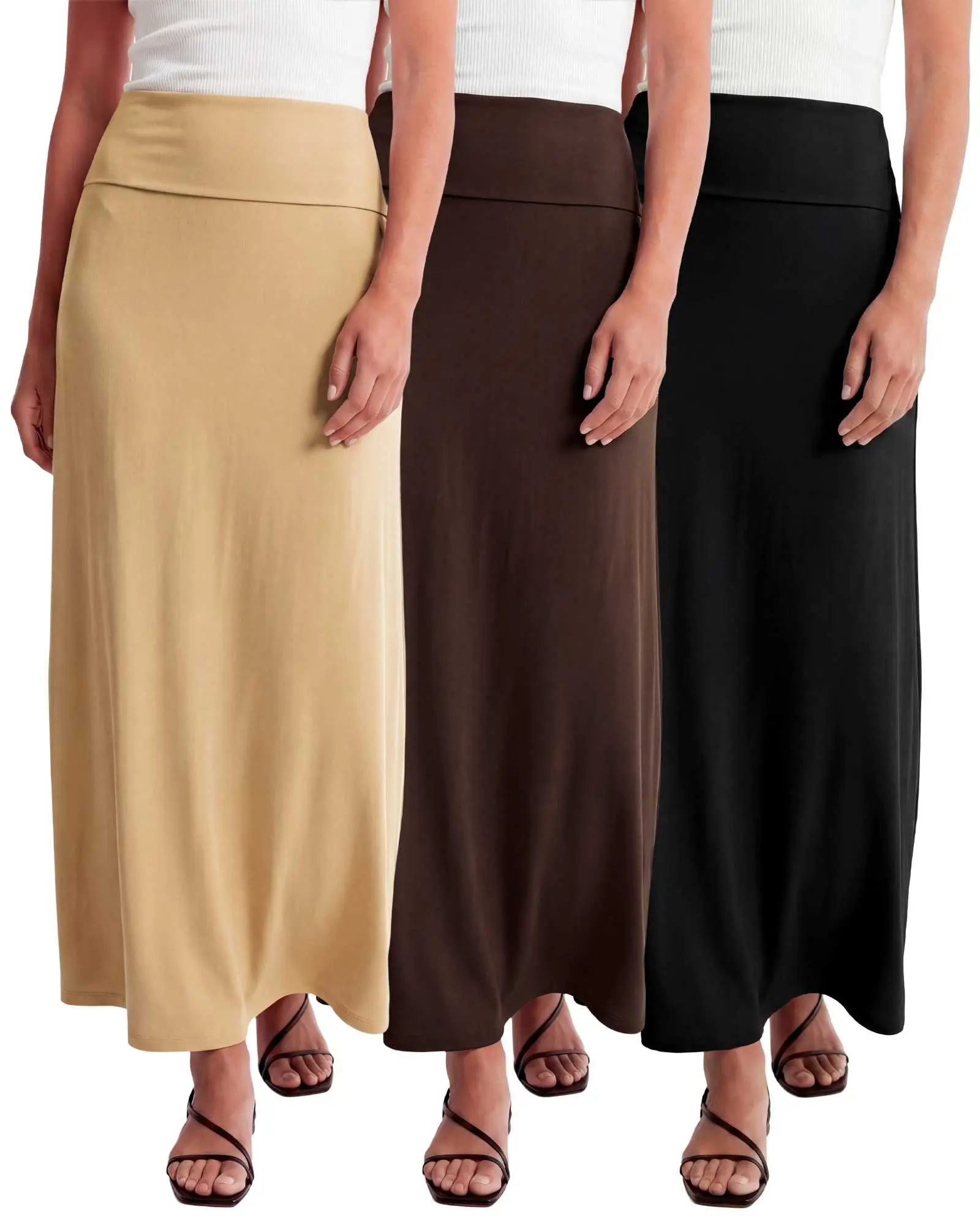 Real Essentials 3 Pack: Women's Ultra-Soft Flowy Maxi High Waisted Long Skirts (Available in Plus Size)
