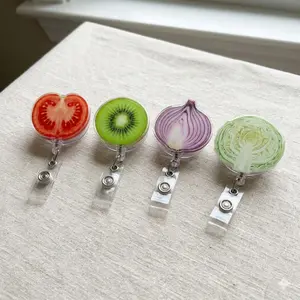 Fresh Fruit Vegetable Sparkly Retractable Badge Reel Tomato Kiwi Onion Cabbage Acrylic ID Holder For Dietitian Chef Nurse Kitchen Gift