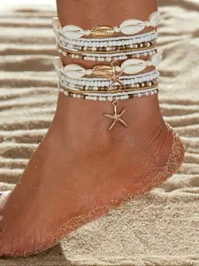 Boho Style Shell & Starfish Decor Anklet, Shell And Starfish Motif, Fashionable Beaded Anklet for Women & Girls, Casual Trendy Accessories for Party, Daily Decor for Birthday Gift