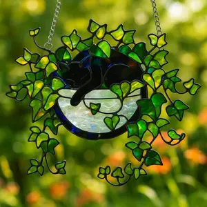 Black Cat Moon Suncatcher, Style Window Hanging, Ivy Plant Acrylic Decor