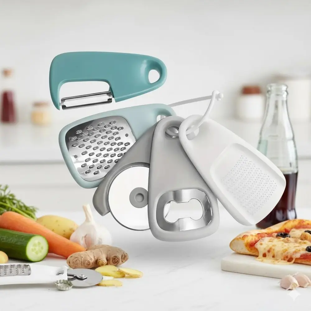 Portable 5-in-1 Kitchen Tool Set: Cheese Grater, Pizza Cutter, Bottle Opener, Peeler & Garlic Ginger Grinder for Camping, Travel & Home Cooking Essentials