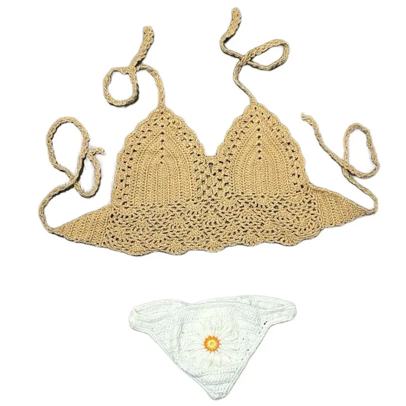 Crochet Bikini Set Two Piece Sets Vintage Bohemian Beachwear Halter Tops Swimsuit with Daisy Flower Patchwork Pattern Bottoms