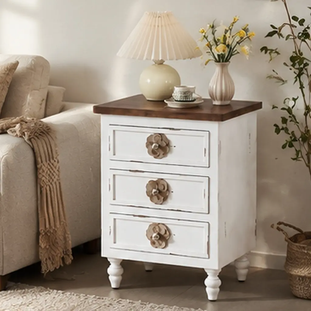 Vintage Farmhouse End Table with 3 Drawers, 19" Rustic Nightstand for Bedroom, Solid Wood+MDF Bedside Table with Floral Knobs & Gourd Legs, Distressed White/Walnut Options, Accent Sofa Table, Antique White/Walnut Color Options