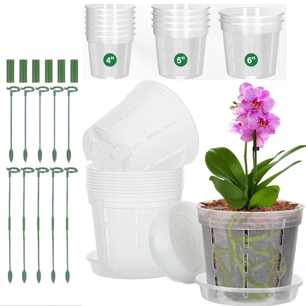 12 Pack Plastic Orchid Pots with Holes 4, 5, 6 Inch | Clear Orchid Pots for Repotting with Saucers Drainage and Plant Stakes, Large Small Breathable Orchids Planter Plant Pot