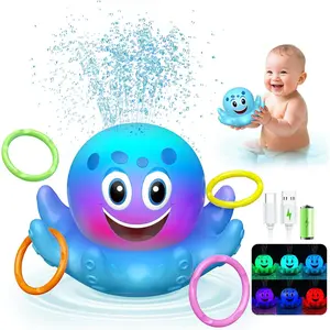 Rechargeable Octopus Sprinkler Bath Toys with LED Lights & 4 Toss Rings |   150 Mins Playtime, Baby Water Toys for 6-18 Months, Kids Gift for Boys Girls Ages 1-5