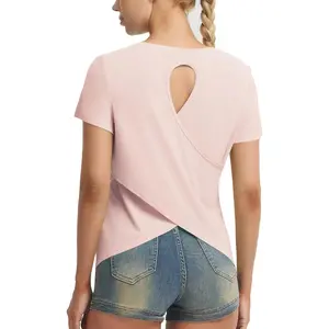 Baleaf Women's Open Back Workout Tops Short Sleeve Athletic Shirts Quick Dry Criss Cross Yoga T-Shirts UPF 50+ Loose Fit for Gym Running