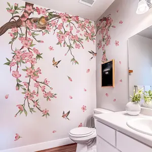 A set of 2 pieces (30*90cm*2pcs) hand-painted pink branch and flower wall stickers, suitable for living room, bedroom, bathroom, home background decoration, self-adhesive M16092-YJ, Wall Art Stickers