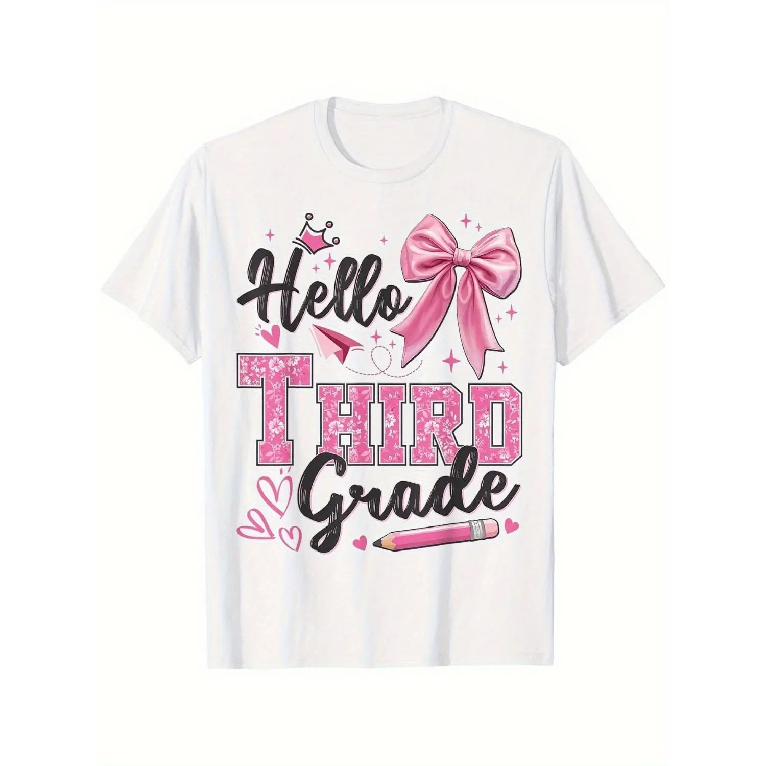 Hello Third Grade First Day Of School Teacher Cotton T-shirt For Girls With Pink Bow And Stars Design Soft Breathable Fabric Comfortable Short Sleeve Casual Top Perfect Gift For Boys And Girls All Season Wear Cute Graphic Tee Medium Stretch Fabric