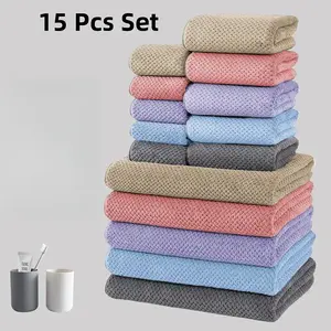15pcs Pineapple bath towel set, 5 bath towels + 5 hand towels + 5 square towels, absorbent and quick-drying coral fleece towels, Lightweight soft towel, perfect for bathroom, hotel, travel, swimming, fitness, spa, home use, gift