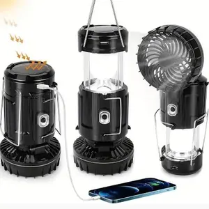 Solar Indoor & Outdoor Fan Light LED 4-1 Multifunction Camping Lamp Portable Rechargeable USB Electric Fan with USB Charging Port