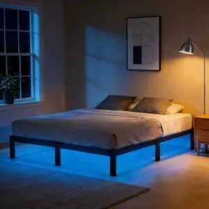 Full Size Bed Frame With Led Lights 14 Inch Platform Charging Station Black Metal Mattress Foundation No Box Spring Needed Storage Space (14 Full)
