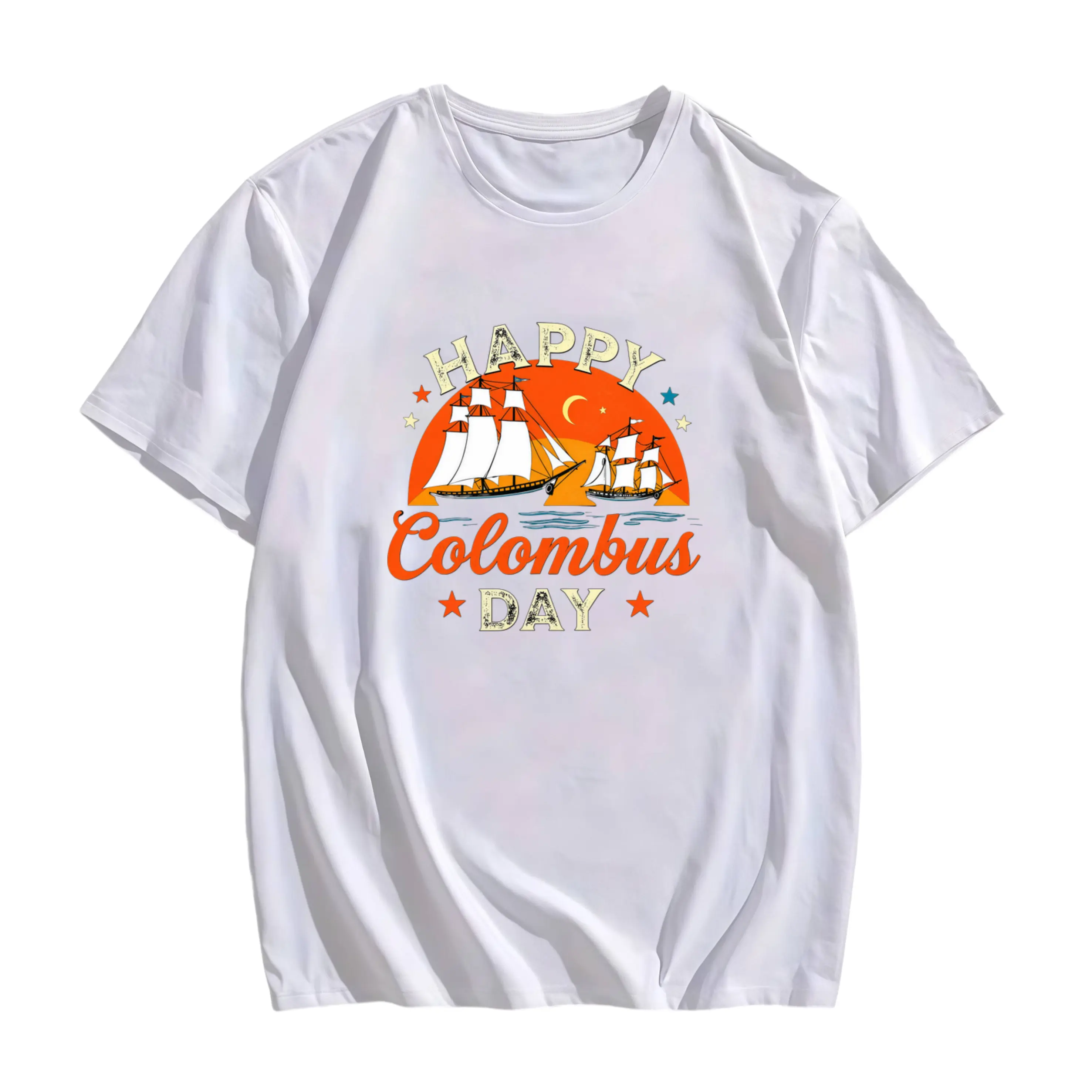 Men's Retro Columbus Day T-Shirt - Short Sleeve Round Neck with Columbus Ship & HAPPY Columbus Day Print - Nautical Theme Suitable for Parades, Parties, Casual Wear - All-Season Fit for Year-Round & Historical Apparel