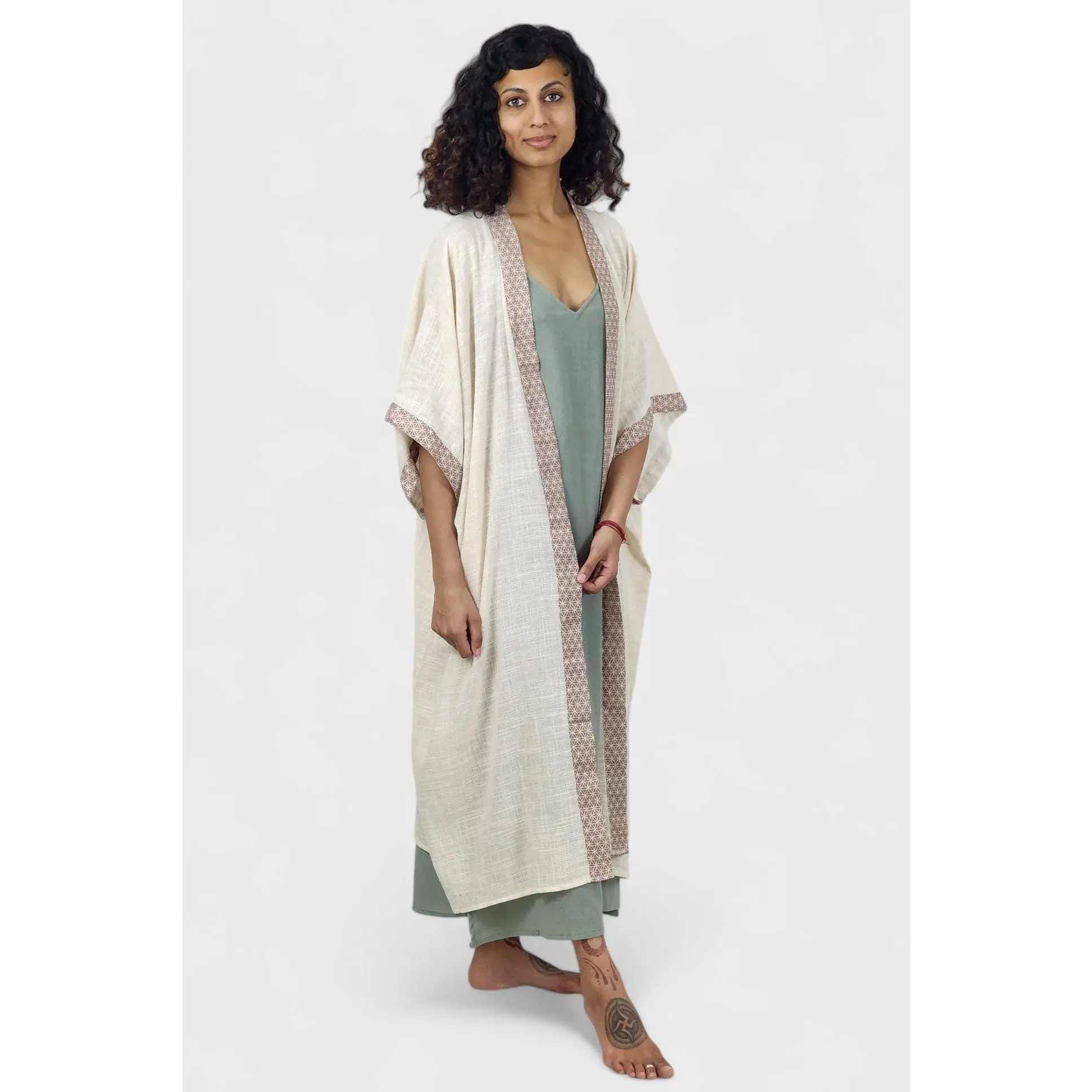 Flower of Life Linen Kimono Unisex Organic Cotton Summer Breathable Artistic Print Womenswear Original Style