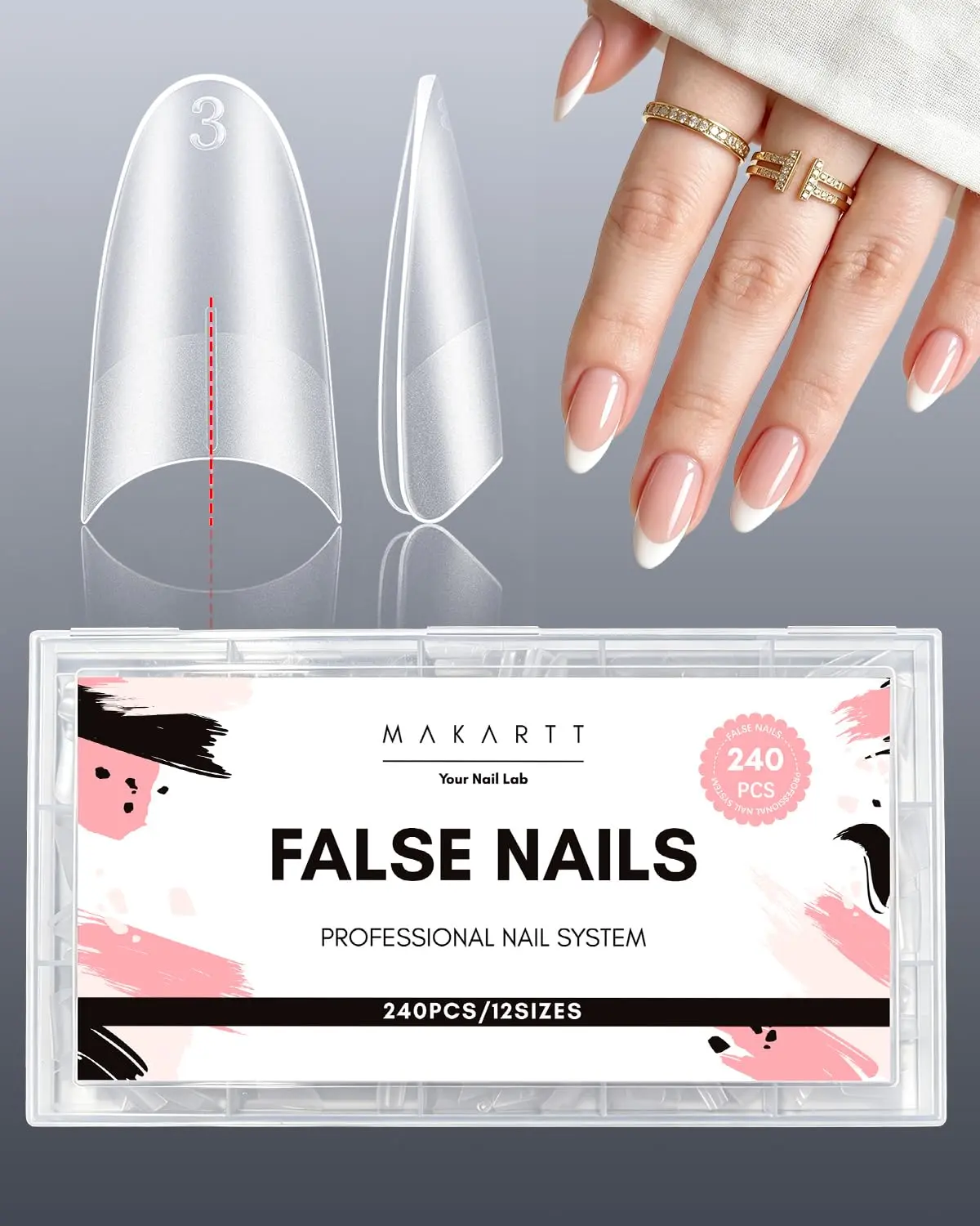 Makartt Medium Almond Half Cover Nail Tips with Center Line 240PCS 12 Sizes | Slim Pre-shaped With Guideline for Easy Symmetry,Soft Gel Tips for Nail Extension, Dual Matte for Better Adhesion, NO C Curve