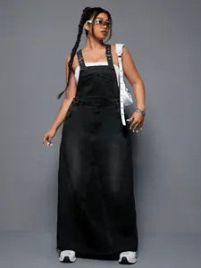 Plus Size Women's Summer Punk Style Frayed Denim Strap Dress, Essential for Daily Outings, Trendy and Comfortable Long Skirt