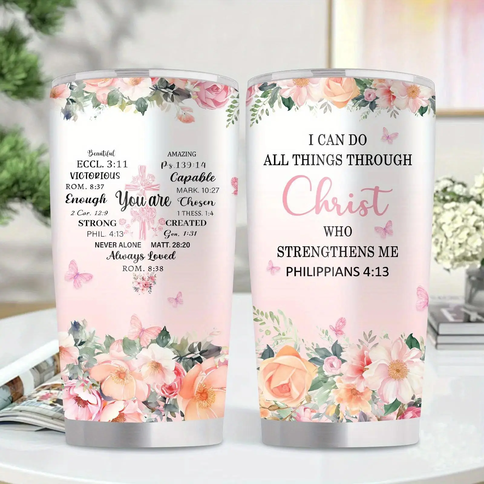 1pc 20oz Christian Insulated Stainless Steel Tumbler - Bible Verse & Floral Design, Leakproof BPA-Free Double-Wall Vacuum Cup, Inspirational Gift for Women (Philippians 4:13, Psalm 23:1-2 41:10) - Office, Camping
