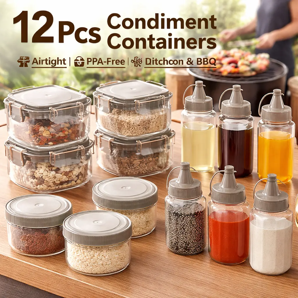12pcs Square Plastic Squeeze Bottles with Lids, Leakproof Kitchen Preserving Containers Set for Salad Dressing, Ketchup, BBQ Camping