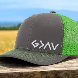 Embroidered God Is Greater Richardson 112 SnapBack Hat - Embroidered Design, Gray Color, Adjustable Fit, Mesh Back,