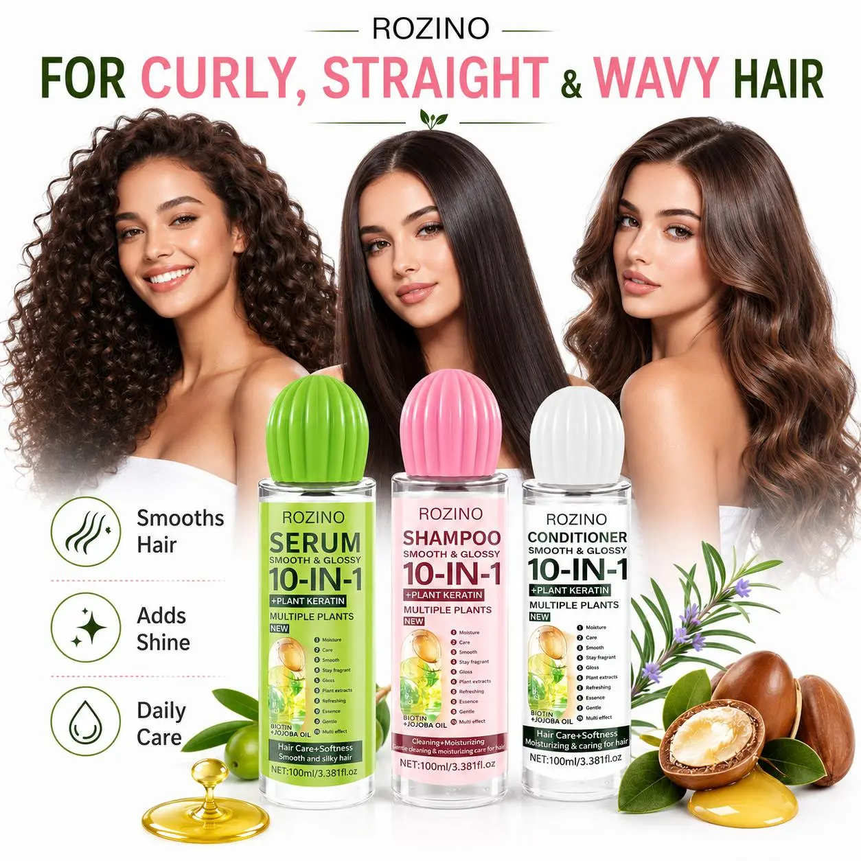 ROZINO 10-IN-1 Hair Care Set - Shampoo, Conditioner & Hair Serum 100ml x 3, Enriched with Plant Keratin, Biotin & Jojoba Oil, Smooth & Shiny Hair Care Routine for Women & All Hair Types Daily Frizz