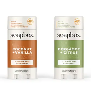 Soapbox Aluminum-Free Deodorant - Natural Odor Protection for Pits & Skin Soothing Formula - Bergamot + Citrus & Coconut + Vanilla Scents
