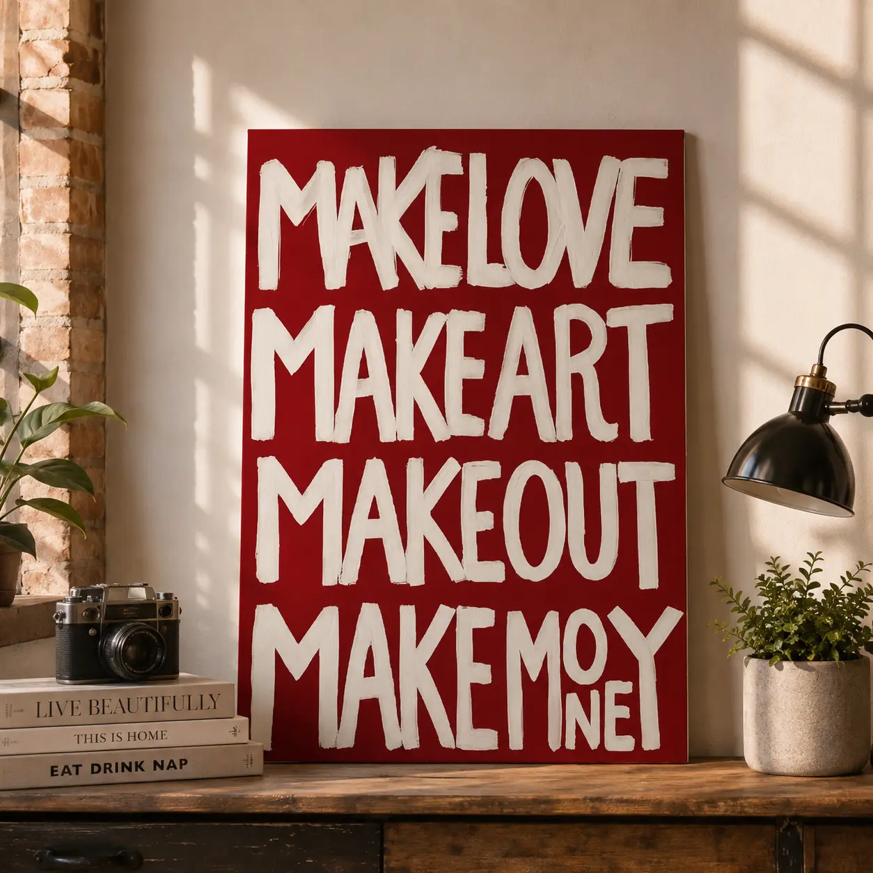 Make Love, Make Art | Bold Red Motivational Wall Poster | Modern Home Decor