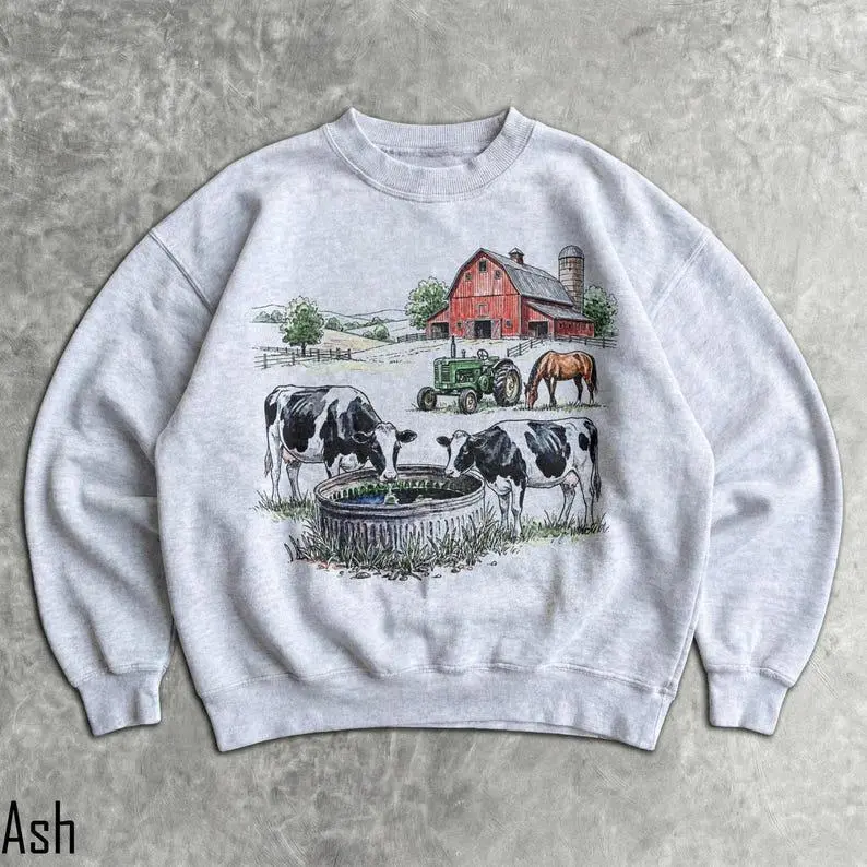 90s Farm Sweatshirt - Unisex Men & Women's Graphic Sweater - Vintage Nostalgia Crewneck - Western Country Pullover - Cow Horse Barn Sweater Womenswear Hoodie