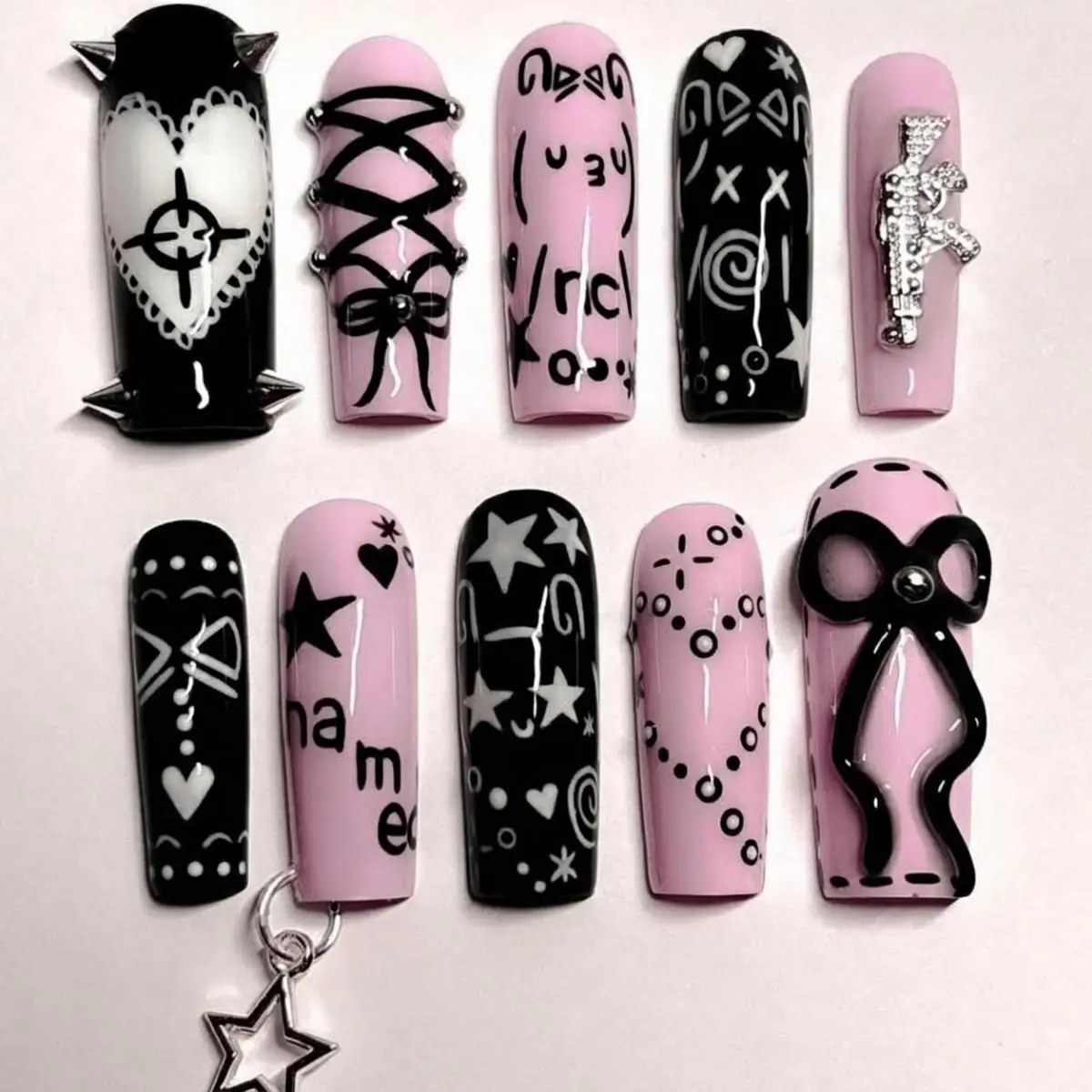 Cyber Goth Kawaii Press-On Nails, Pink & Black Long Coffin Set with 3D Bow, Spikes, Star Piercing - Harajuku Punk Aesthetic Cool Edgy Design
