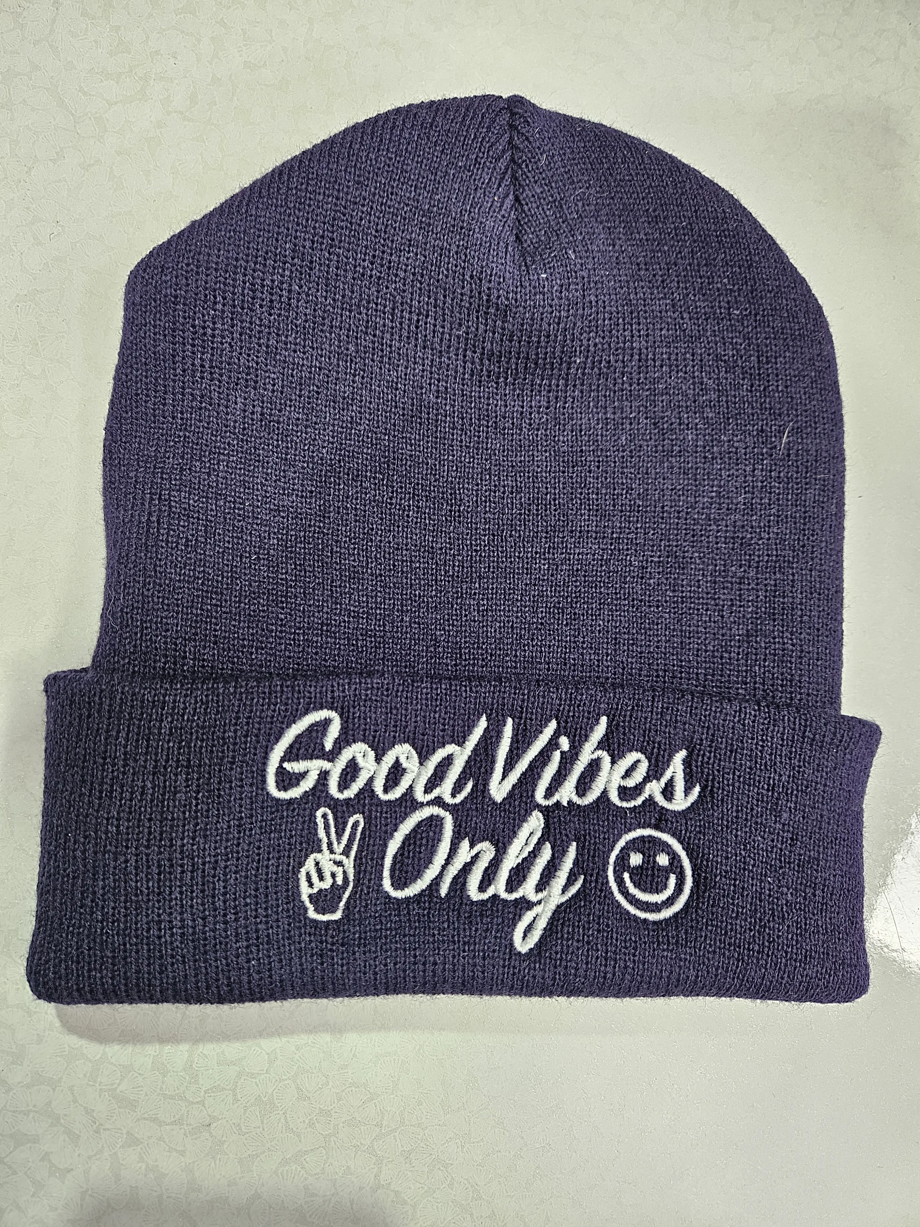 Good Vibes Only Embroidered Navy Blue Beanie Hat, Peace Sign, Smiley Face