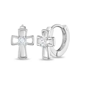 Open CZ Cross 9mm Kids / Children's / Girls Earrings Hoop/Huggie Safety Latch - Sterling Silver