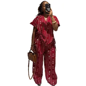 Spring Summer Clothes  African Fashion Vintage Casual Printed Women Two Piece Set Short Sleeve drawstring Waist and Loose Pants Set Outfits