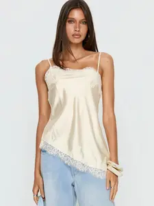 Silk Lace Splicing Halter Top, Adjustable Thin Straps, Glossy Silk & Eyelash Lace, Irregular Hem, Casual Commute Date