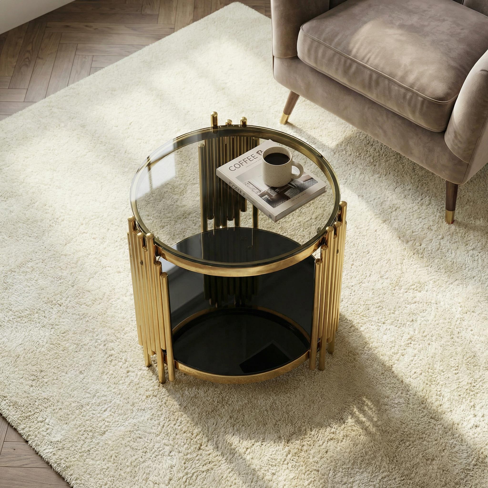 NYUN Round Tempered Glass Coffee Table - Mirror Gold Stainless Steel Multi-Functional Table​