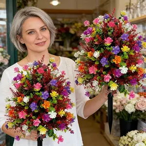 Summer Artificial Colorful Camellia Bouquet with Stake, Outdoor Festival Decor, Garden and Lawn Placement, Spring/summer, Outdoor Fake Flowers