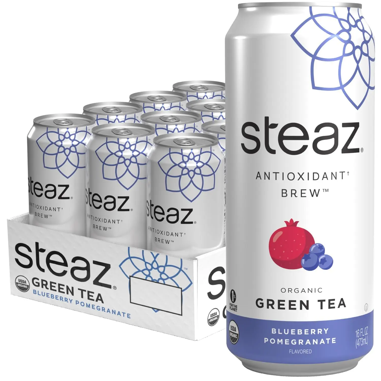 Steaz Organic Green Tea Flavor, Blueberry Pomegranate Antioxidant Brew, Natural Caffeine, 90 Calories, Vitamin C, Cane Sugar Sweetened, Vegan, 16 fl oz, Flavor Green