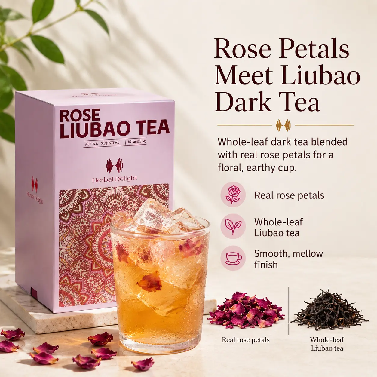 Herbal Delight Floral Liubao Dark Tea Gift Set with Rose, Osmanthus & Chrysanthemum
