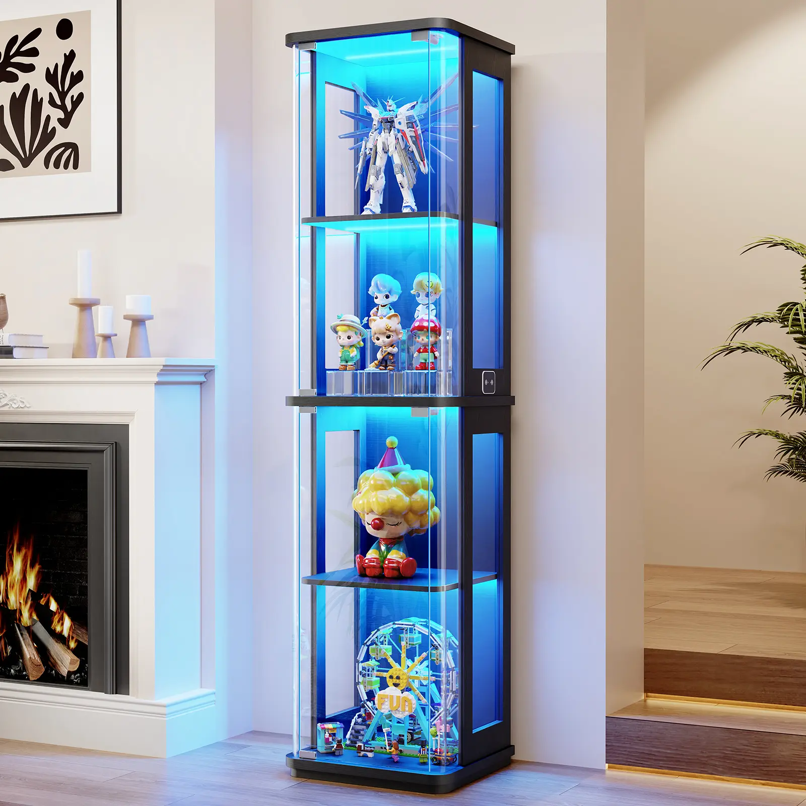 MIIFUNY Small Rounded Display Cabinet with Glass Door, for Collectibles | 4-Tier Curio Cabinet with 3 Color Lights, Glass Display Case with Transparent Full-Display Surface, Black