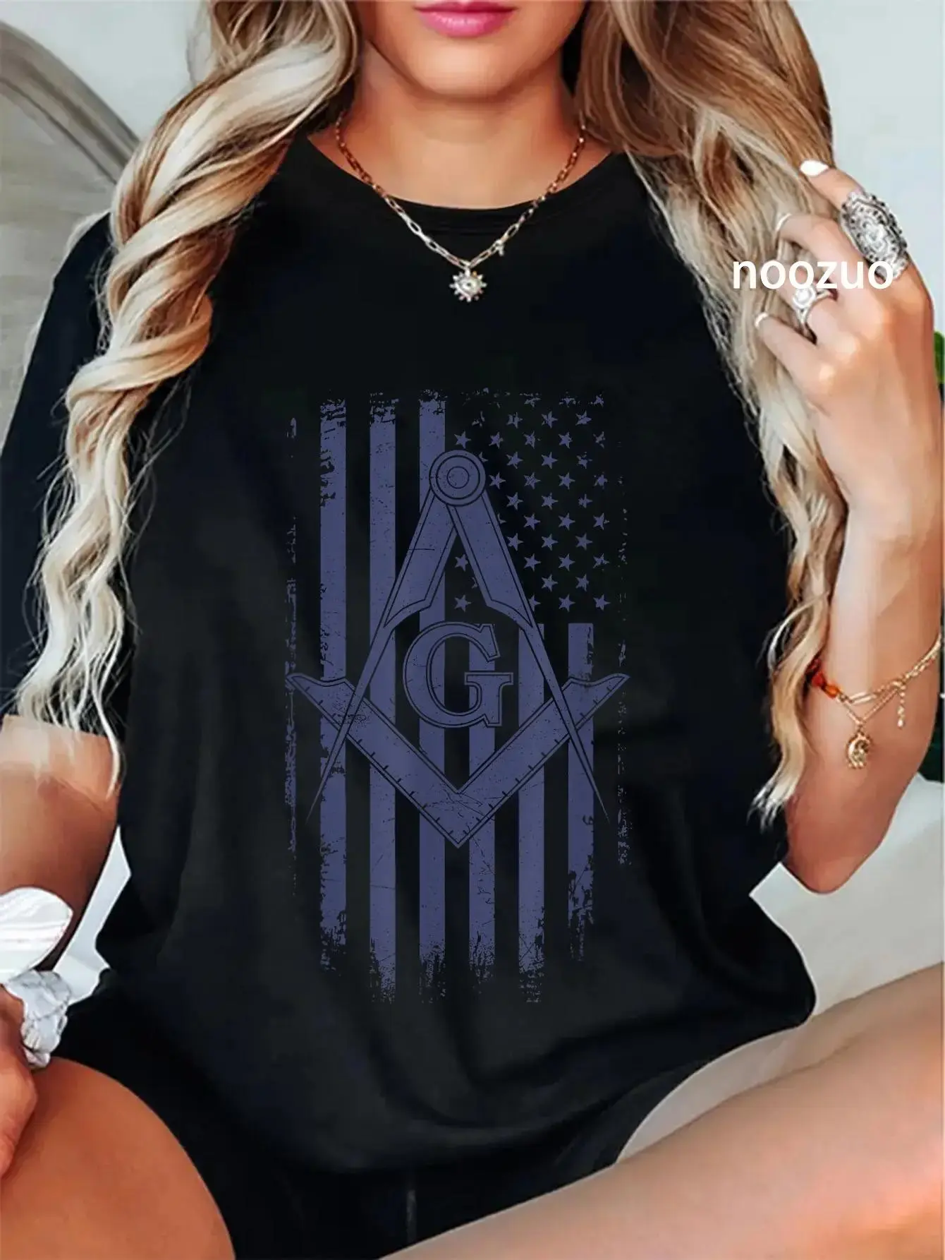 100% Cotton Unisex Masonic American Flag Square & Compass Freemason Navy Blue T-Shirt