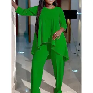 TOP Plus Size Solid Round Neck Set, 2 Counts/set  Casual Cozy Long Sleeve High Low Tee & Pants for Daily Wear, Women's Outfits for Spring & Fall